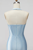 Light Blue Halter Corset Bodycon Short Homecoming Dress with Beading