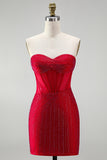 Red Corset Bodycon Strapless Beaded Short Homecoming Dress with Lace up Back