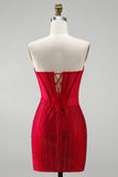 Red Corset Bodycon Strapless Beaded Short Homecoming Dress with Lace up Back