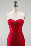 Red Corset Bodycon Strapless Beaded Short Homecoming Dress with Lace up Back