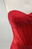 Red Corset Bodycon Strapless Beaded Short Homecoming Dress with Lace up Back
