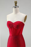 Red Corset Bodycon Strapless Beaded Short Homecoming Dress with Lace up Back