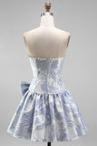 Dusty Blue Jacquard Pearls A-Line Strapless Short Homecoming Dress with Bow