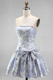 Dusty Blue Jacquard Pearls A-Line Strapless Short Homecoming Dress with Bow