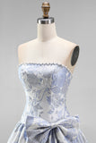 Dusty Blue Jacquard Pearls A-Line Strapless Short Homecoming Dress with Bow