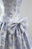 Dusty Blue Jacquard Pearls A-Line Strapless Short Homecoming Dress with Bow