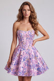 Lilac Corset Floral Jacquard Pearls A-Line Strapless Short Homecoming Dress