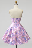 Lilac Corset Floral Jacquard Pearls A-Line Strapless Short Homecoming Dress