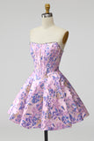 Lilac Corset Floral Jacquard Pearls A-Line Strapless Short Homecoming Dress