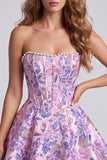 Lilac Corset Floral Jacquard Pearls A-Line Strapless Short Homecoming Dress
