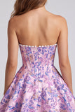 Lilac Corset Floral Jacquard Pearls A-Line Strapless Short Homecoming Dress