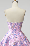 Lilac Corset Floral Jacquard Pearls A-Line Strapless Short Homecoming Dress