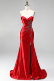 Strapless Mermaid Ruched Sweep Train Satin Red Prom Dress with Slit
