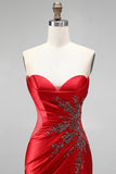 Strapless Mermaid Ruched Sweep Train Satin Red Prom Dress with Slit