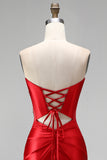 Strapless Mermaid Ruched Sweep Train Satin Red Prom Dress with Slit