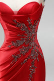 Strapless Mermaid Ruched Sweep Train Satin Red Prom Dress with Slit