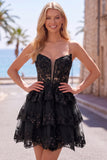 Burgundy A-Line Strapless Corset Sequin Tiered Homecoming Dress with Lace Appliques