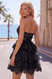 Burgundy A-Line Strapless Corset Sequin Tiered Homecoming Dress with Lace Appliques
