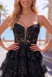 Burgundy A-Line Strapless Corset Sequin Tiered Homecoming Dress with Lace Appliques