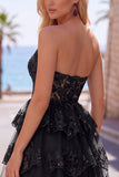 Burgundy A-Line Strapless Corset Sequin Tiered Homecoming Dress with Lace Appliques