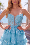 Burgundy A-Line Strapless Corset Sequin Tiered Homecoming Dress with Lace Appliques