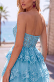 Burgundy A-Line Strapless Corset Sequin Tiered Homecoming Dress with Lace Appliques
