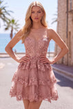 Burgundy A-Line Strapless Corset Sequin Tiered Homecoming Dress with Lace Appliques
