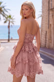 Burgundy A-Line Strapless Corset Sequin Tiered Homecoming Dress with Lace Appliques