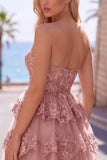 Burgundy A-Line Strapless Corset Sequin Tiered Homecoming Dress with Lace Appliques