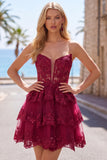 Burgundy A-Line Strapless Corset Sequin Tiered Homecoming Dress with Lace Appliques