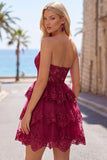Burgundy A-Line Strapless Corset Sequin Tiered Homecoming Dress with Lace Appliques