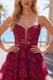 Burgundy A-Line Strapless Corset Sequin Tiered Homecoming Dress with Lace Appliques