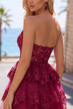 Burgundy A-Line Strapless Corset Sequin Tiered Homecoming Dress with Lace Appliques