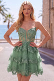 Burgundy A-Line Strapless Corset Sequin Tiered Homecoming Dress with Lace Appliques