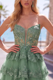 Burgundy A-Line Strapless Corset Sequin Tiered Homecoming Dress with Lace Appliques