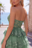 Burgundy A-Line Strapless Corset Sequin Tiered Homecoming Dress with Lace Appliques