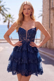 Burgundy A-Line Strapless Corset Sequin Tiered Homecoming Dress with Lace Appliques