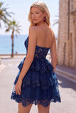 Burgundy A-Line Strapless Corset Sequin Tiered Homecoming Dress with Lace Appliques