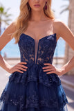Burgundy A-Line Strapless Corset Sequin Tiered Homecoming Dress with Lace Appliques