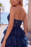 Burgundy A-Line Strapless Corset Sequin Tiered Homecoming Dress with Lace Appliques