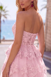 Burgundy A-Line Strapless Corset Sequin Tiered Homecoming Dress with Lace Appliques