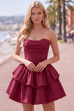 Yellow A Line Corset Strapless Tiered Short Homecoming Dress with Ruffle Hem