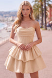 Yellow A Line Corset Strapless Tiered Short Homecoming Dress with Ruffle Hem