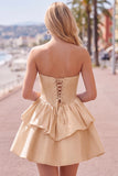 Yellow A Line Corset Strapless Tiered Short Homecoming Dress with Ruffle Hem