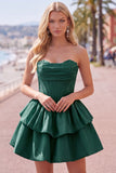 Yellow A Line Corset Strapless Tiered Short Homecoming Dress with Ruffle Hem