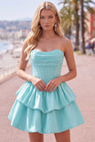Yellow A Line Corset Strapless Tiered Short Homecoming Dress with Ruffle Hem