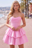 Yellow A Line Corset Strapless Tiered Short Homecoming Dress with Ruffle Hem