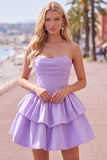 Yellow A Line Corset Strapless Tiered Short Homecoming Dress with Ruffle Hem