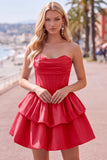 Yellow A Line Corset Strapless Tiered Short Homecoming Dress with Ruffle Hem