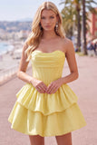 Yellow A Line Corset Strapless Tiered Short Homecoming Dress with Ruffle Hem